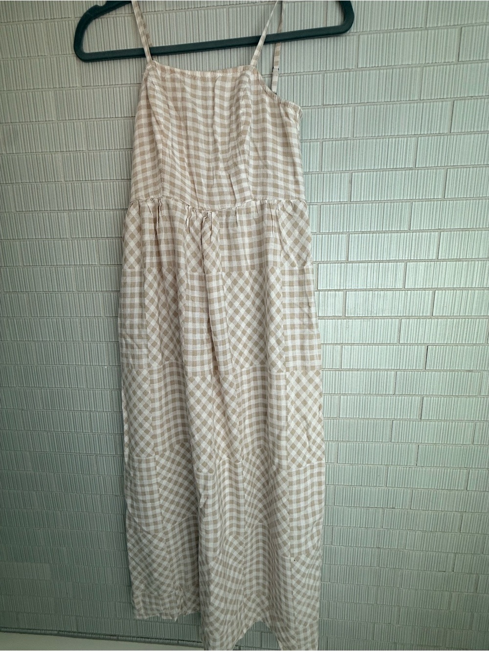 Japna Beige Gingham Spaghetti-Strap Maxi Dress